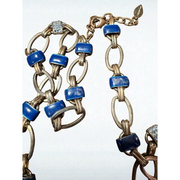 Coldwater Creek Gold-Tone Link Necklace Blue Accents & Rhinestone Details - Picture 8 of 9
